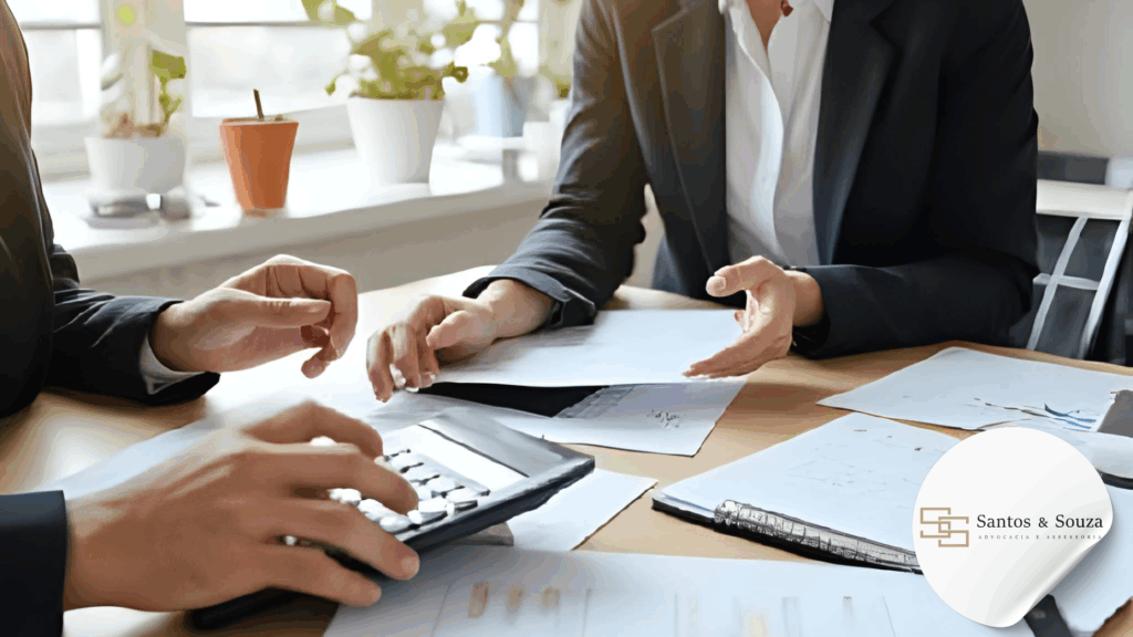 Imagem que mostra duas pessoas fazendo calculos das férias e 13º terceiro