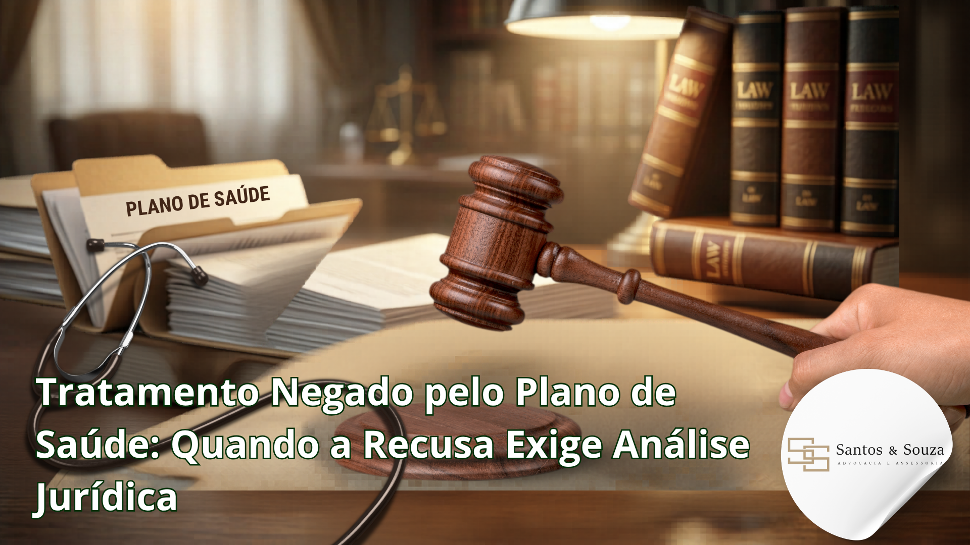 Martelo e documentos jurídicos sobre saúde